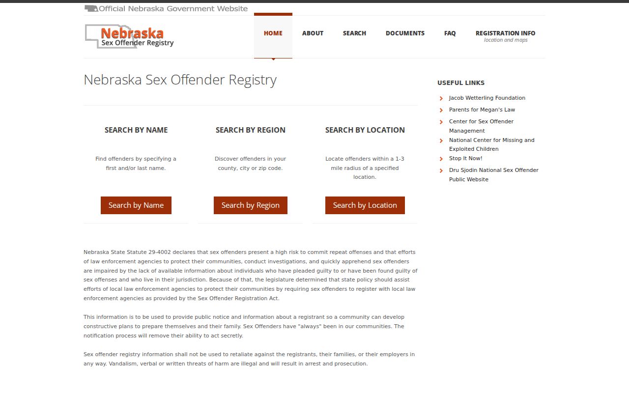 Official Nebraska registry interface for Nuckolls County sex offender searches